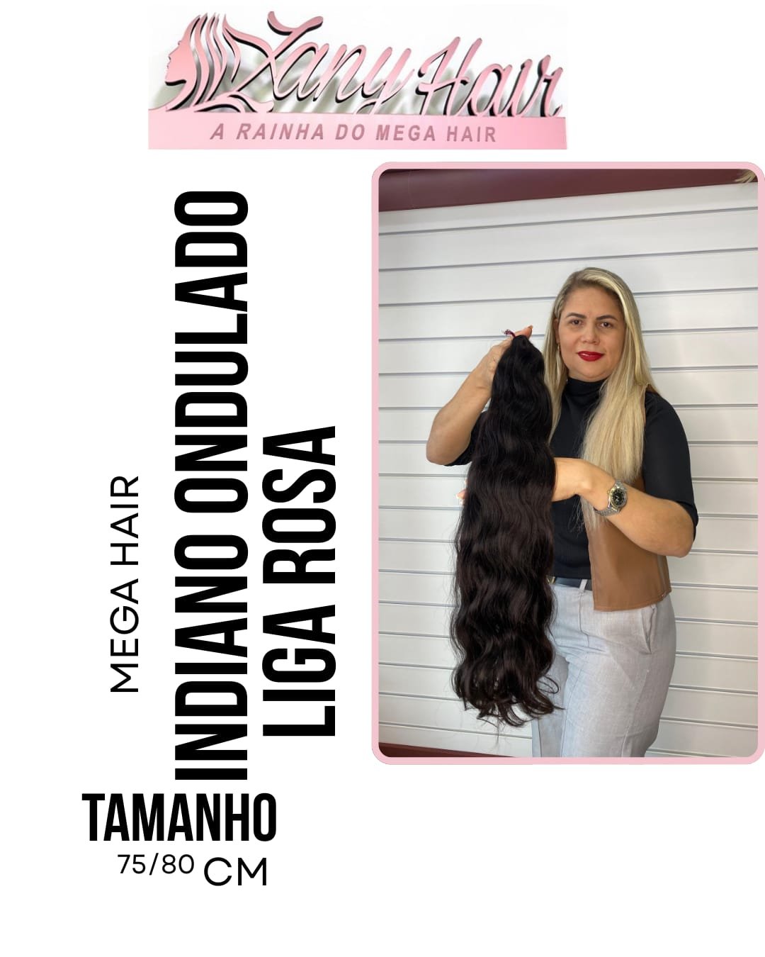 Mega Hair Cabelo Humano Indiano Liga Rosa Ondulado Castanho Médio 75-80cm 100 gramas Classe A